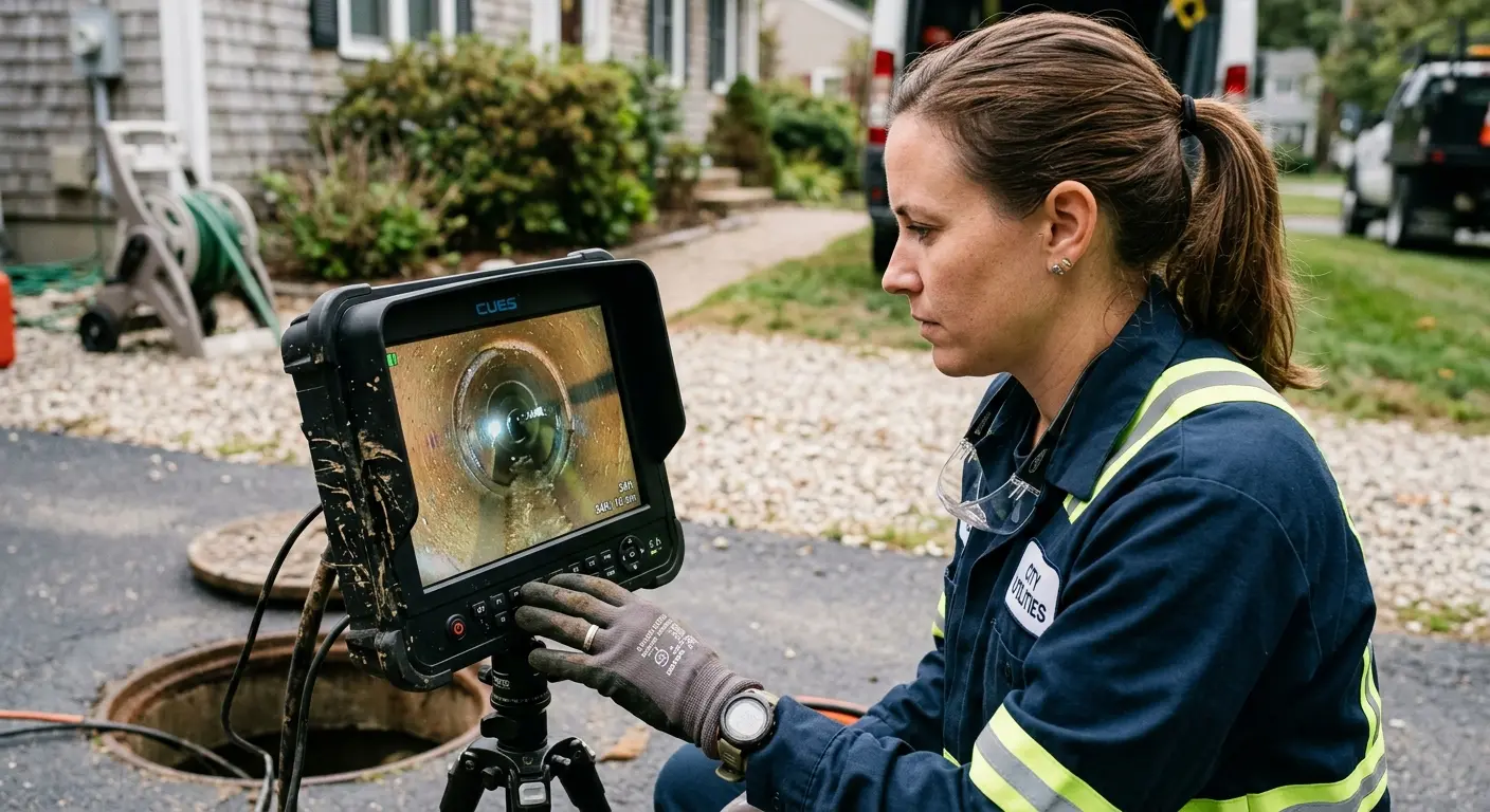 Technician reviewing sewer camera inspection footage in Victoria