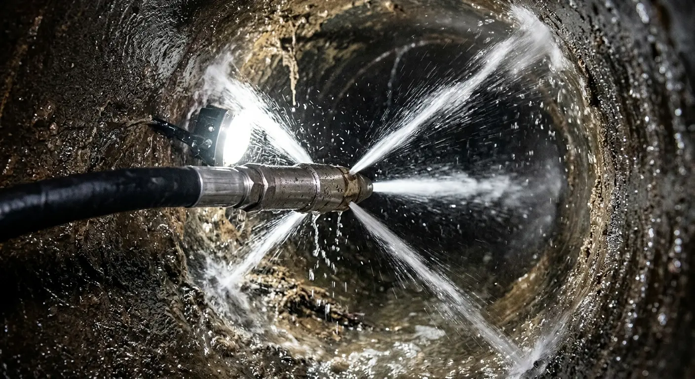 High-pressure hydro jetting nozzle cleaning sewer pipe for Emergency Drain Service in Victoria