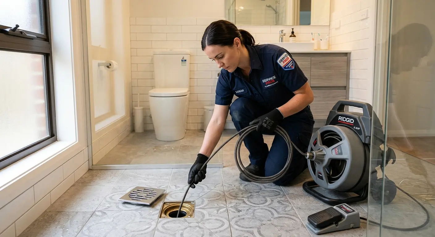 Technician clearing a bathroom floor drain for Clogged Drain Repair in Victoria